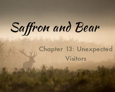An image of a stag is overlaid with the text "Saffron and Bear" and "Chapter 13: Unexpected Visitors"
