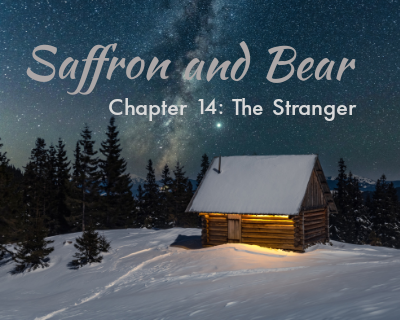 An image of a wooden cabin is overlaid with the text "Saffron and Bear" and "Chapter 14: The Stranger"