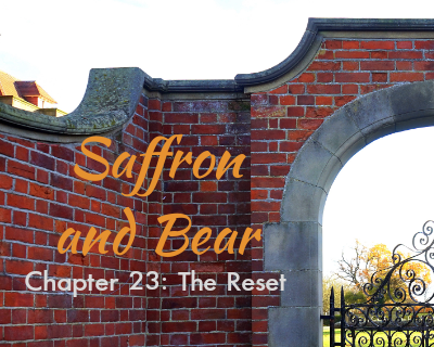 An image of a gate in a brick wall is overlaid with the text "Saffron and Bear" and "Chapter 23: The Reset"