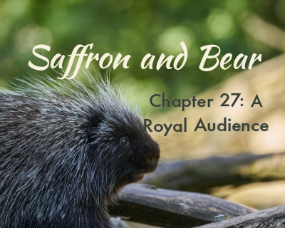 An image of a porcupine is overlaid with the text "Saffron and Bear" and "Chapter 27: A Royal Audience"