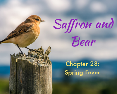 An image of a small songbird is overlaid with the text "Saffron and Bear" and "Chapter 28: Spring Fever"