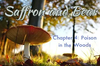 A background image of a mushroom is overlaid with the text "Saffron and Bear" and "Chapter 4: Poison in the Woods"